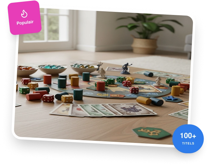 Bordspel met kaarten, dobbelstenen en speelfiguren op een tafel in een lichte kamer.